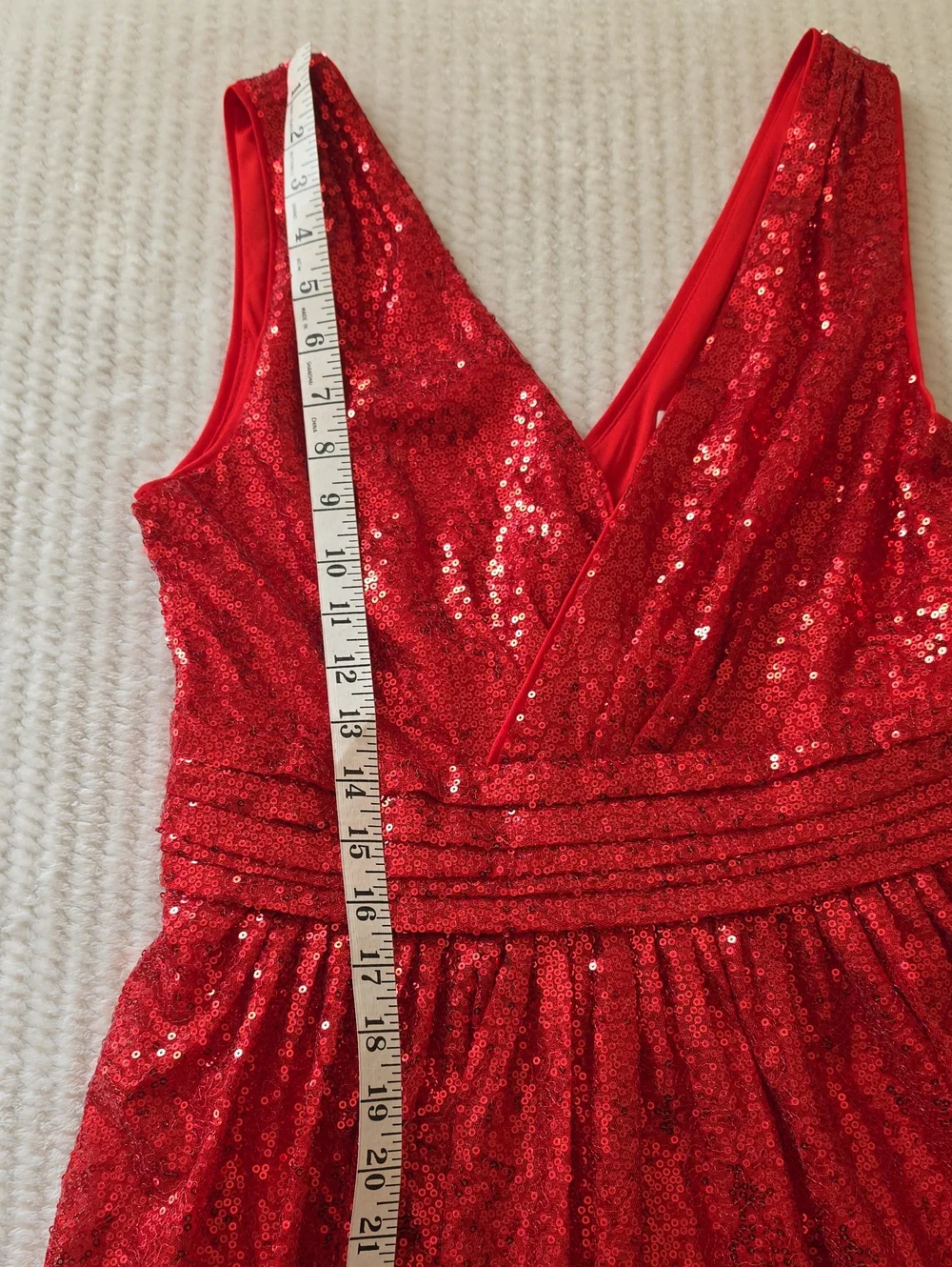Kate Kasin Red Sequin V-Neck Evening Gown